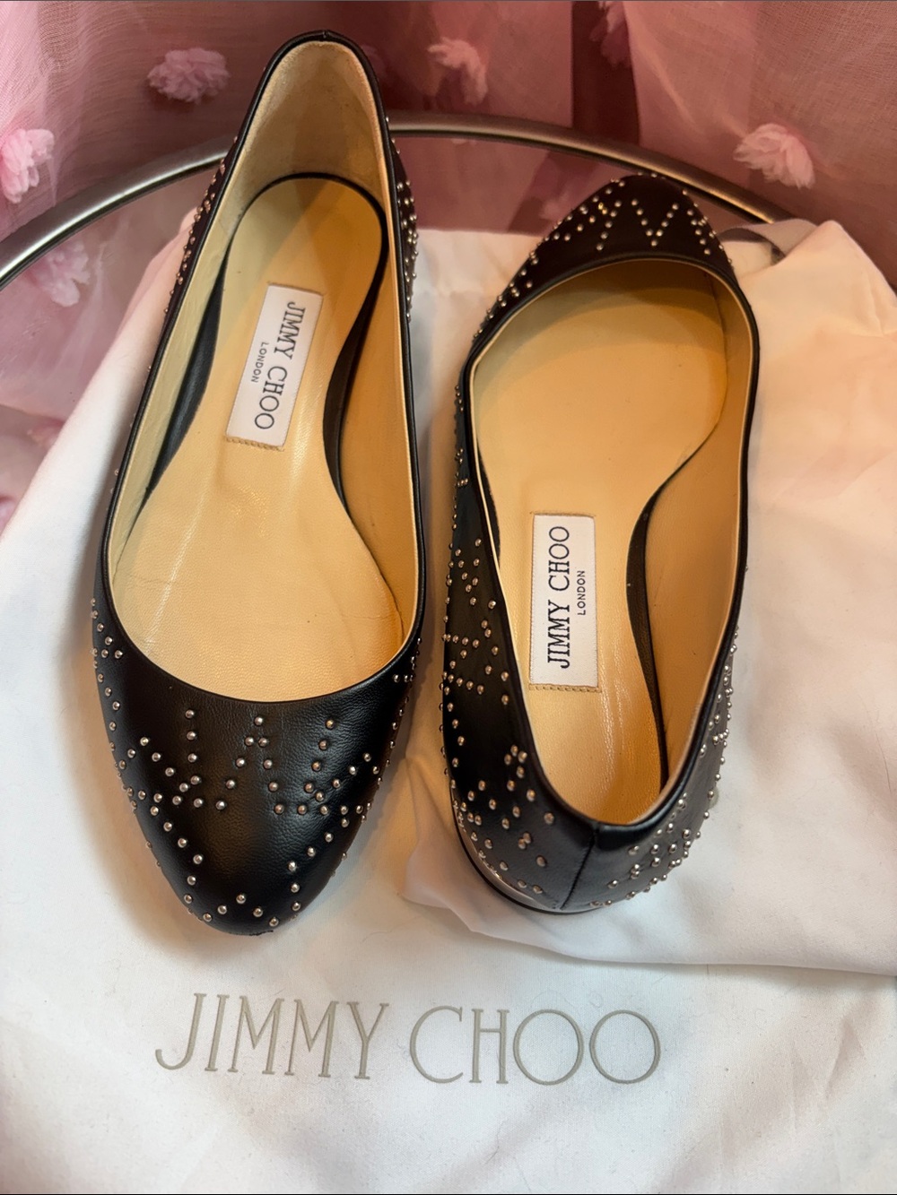 Authentic Jimmy Choo Black Leather Jessie Studded Flats